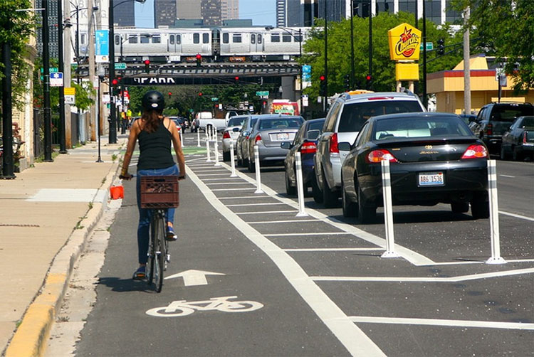 Street with protected bike lanes