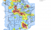 Employment density and transit service - This map shows employment density in all industries across the City of Beaverton – a calculation that looks at the number of jobs at all locations of employment in the City and surrounding areas. Areas of higher employment density have more people working there. This map also shows existing transit service, with the goal of being able to identify locations where investments in sidewalks or bicycle facilities could serve a high number of employees between transit and their job location.