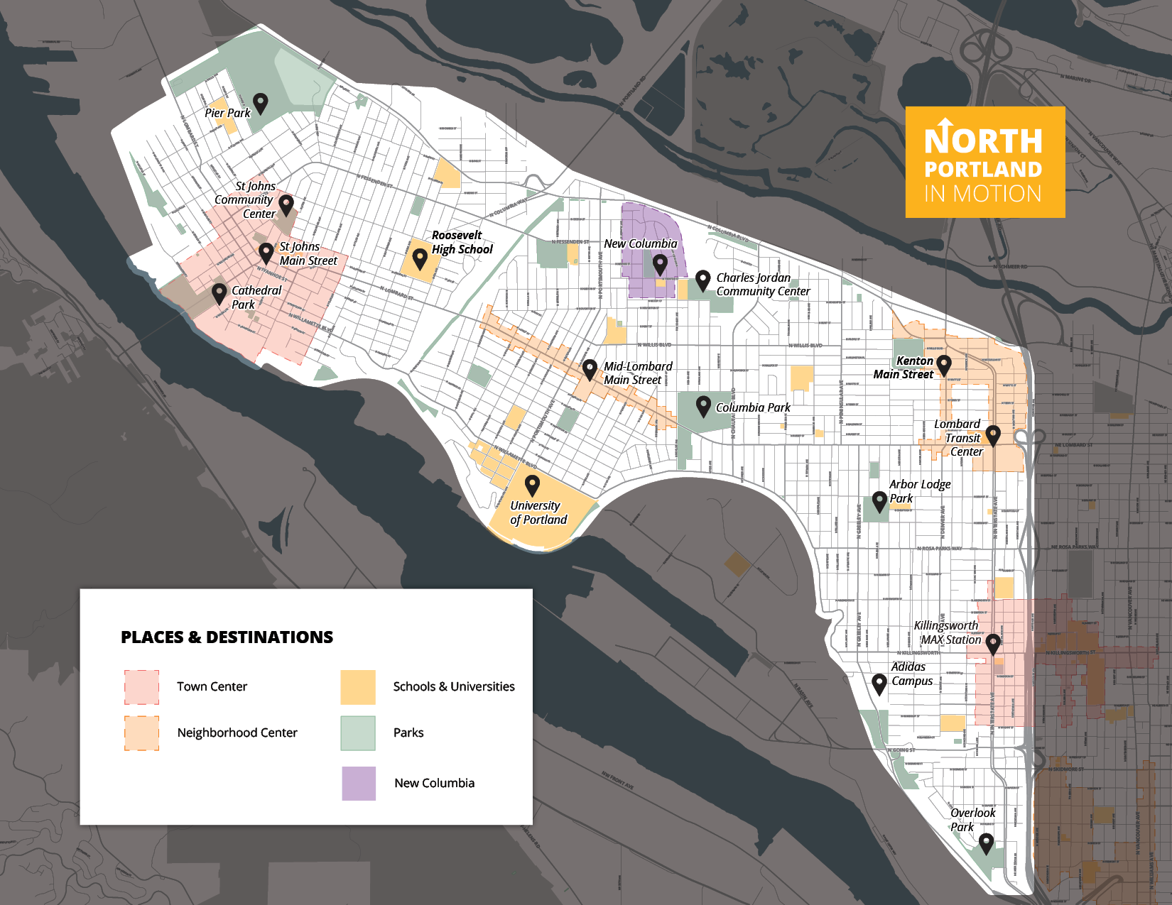 Map of important places in North Portland