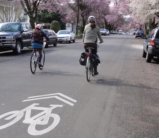Image of people biking in a neighborhood greenway.