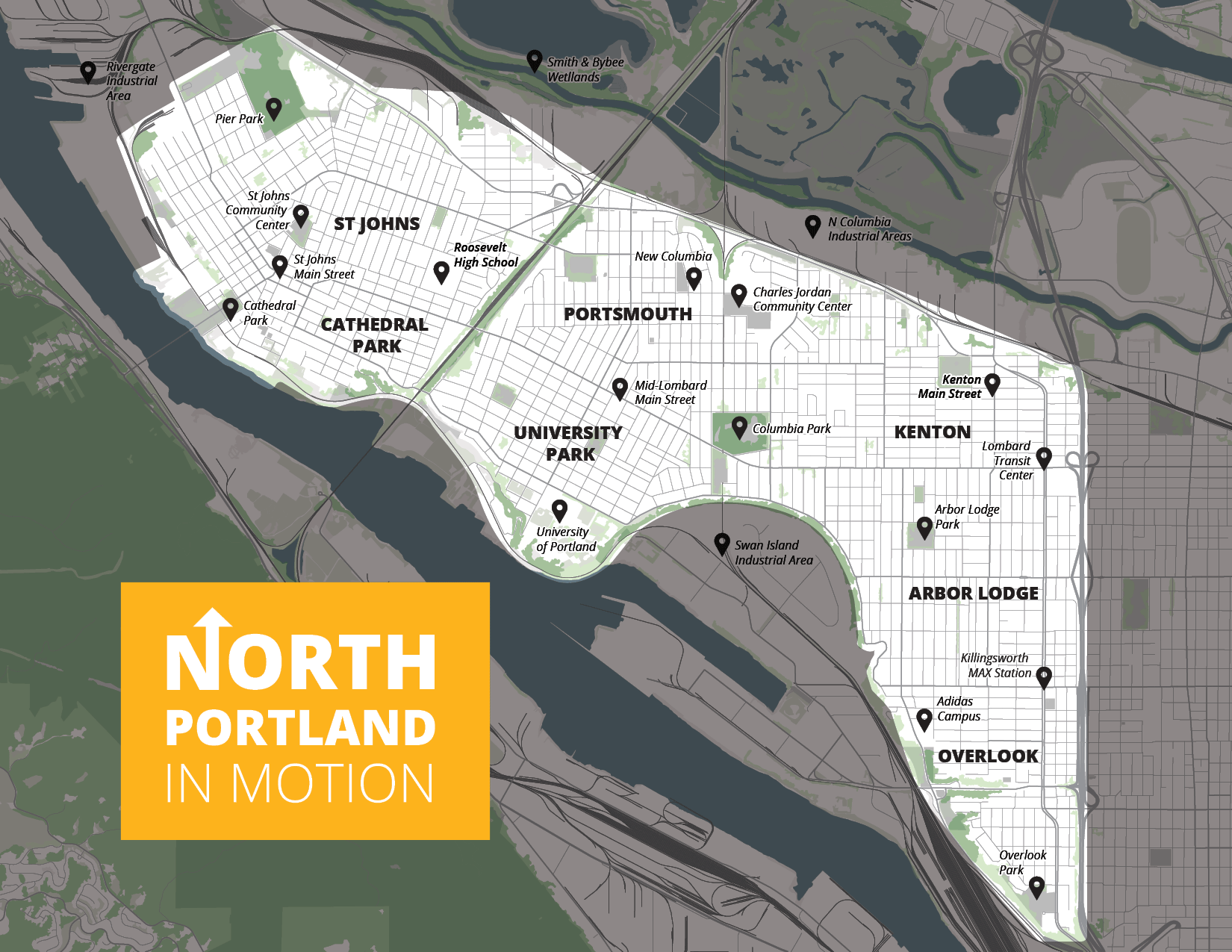 Map of project study area|North Portland in Motion will focus on the residential and commercial areas of North Portland west of Interstate 5.