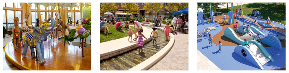 Community Loops inspirational images|The carousel, a water feature, a playground.