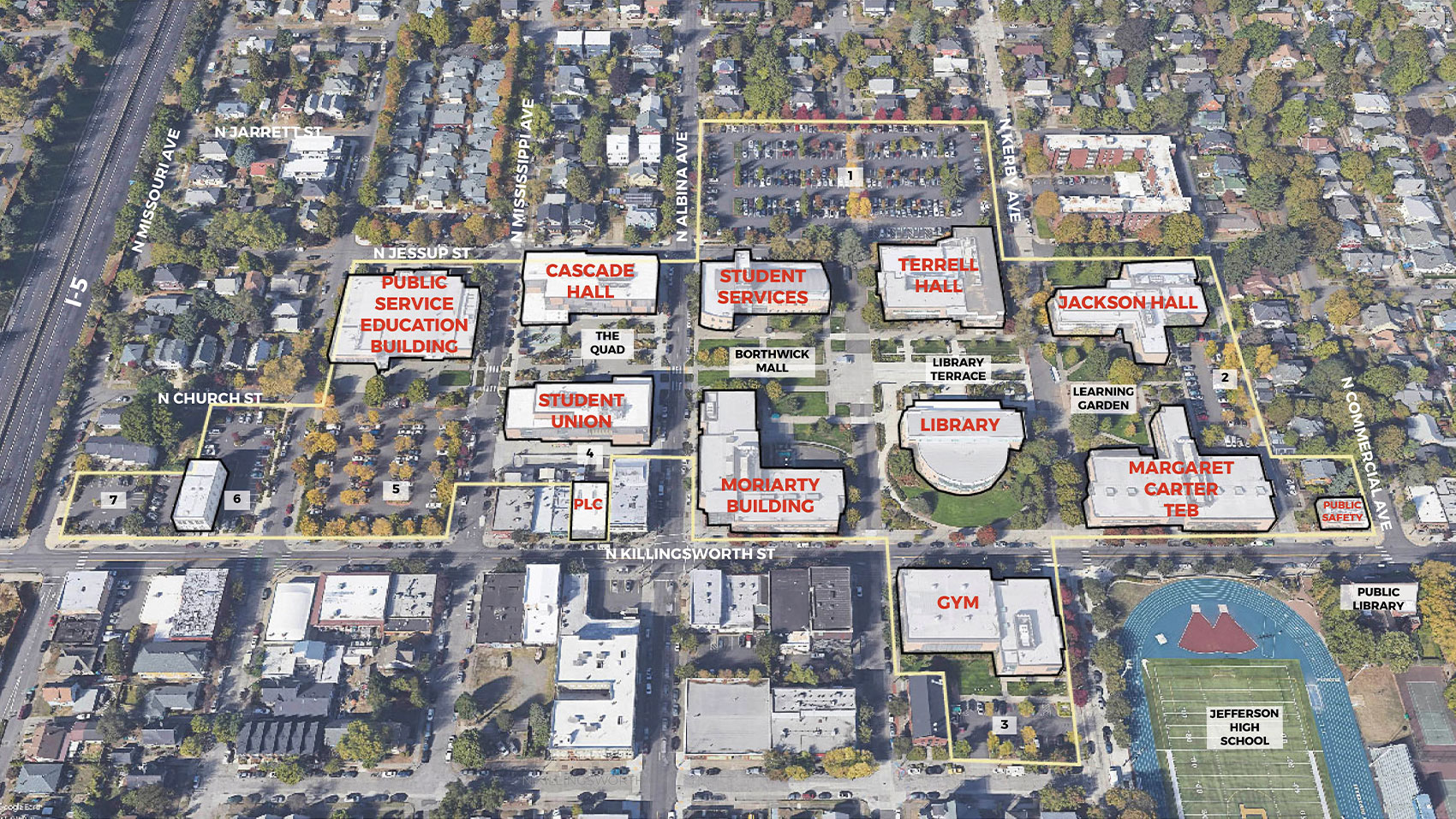 Existing Cascade Campus|An aerial photograph view looking down at the Cascade Campus from a southern angle, showing a few blocks of the surrounding streets and neighborhoods. I-5 is visible at the left where Killingsworth Street crosses the freeway. A yellow line indicates the boundary of the existing campus. The campus buildings are outlined in black and labeled in red, and campus open spaces are labeled: The Quad, Borthwick Mall, Library Terrace, and Learning Garden. Outside the campus, in the bottom right of the image, Jefferson High School and the North Portland Library are labeled. 