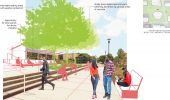 Conceptual Graphic - Artist’s rendering of the same view. The landscaped area at right includes a bench with a student seated using a laptop. Two students are standing in the pathway talking. A student is shown walking toward the steps to the library. On the terrace area, three trees are planted in a row at the top of the second step with planted areas around them. The trees are labeled, “Shade trees reduce heat and glare, softening and breaking up large areas of concrete”. At the back of the terrace, a long bench with a roof structure covering it is shown with silhouettes of students studying and relaxing. The long, covered bench on the terrace is labeled, “Comfortable seating areas with weather protection”. The roof structure is labeled, “Opportunity for solar panels for device charging”. A key map at the top right shows an orange arrow pointing west between the library and Terrell Hall, labeled “view from walkway next to library terrace”.