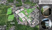 Concept 1 - The same aerial photograph view as shown in the Existing Campus image, but slightly faded to black and white. A bright green color fills and connects the important outdoor areas in the center of campus, including the Grove. The track, learning garden, and upper field are also colored green. To the right, text reads: “remove obstacles from outdoor spaces, like heavy concrete stair towers and walls, to create clear lines of sight through campus open spaces.” Below the text are two photos of the existing campus. The first shows an existing stair tower with solid concrete walls around it labeled “existing: concrete obstacles”. The second photo shows the new stair tower on the north side of the CC building that has a shelter over it but is open at the sides, labeled “future: provide light and views”.