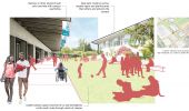 Future Concept Graphic - Artist’s rendering of the same view. The sloping landscaped area has been flattened into a usable outdoor space with seating and gathering areas. There are silhouettes of groups of students relaxing and studying in the outdoor space. A student in a wheelchair and two students walking are seen in the foreground next to the CC building. PCC banners are shown hanging under the cover of the walkway. Labels read, “Banners or other elements add color and help with campus wayfinding”; “Usable outdoor space connects to CC and strengthens north-south route through center of campus”; and “Seat walls create an active useable space and planting area that softens and enlivens the campus”. A key map shows an orange arrow pointing north between CC and the Library, labeled “view from walkway between CC and Library.”